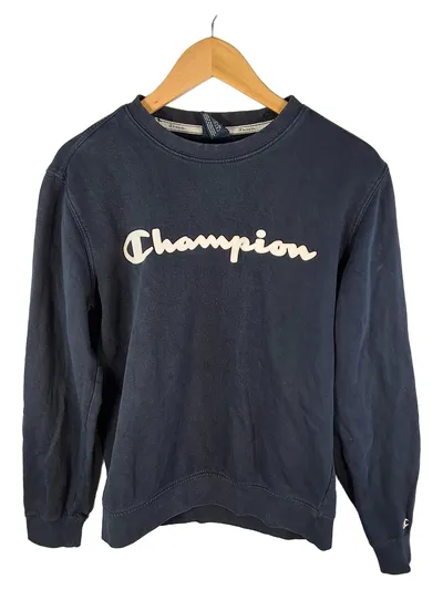 Champion Damen Pullover Blau Logo Print Freizeit Gr. S Baumwolle