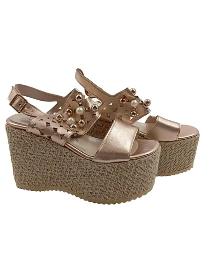 Alesya Damen Plateausandalen Rosa Gr. 37 Perlen Strass Metallic
