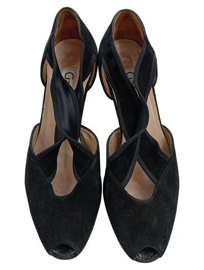Gabor Damen Pumps Schwarz Leder Gr. 38.5 Peep-Toe Riemchen Elegant