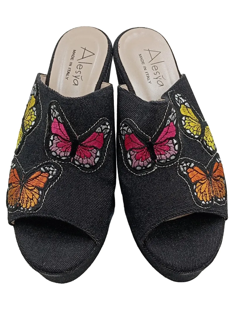 Alesya Damen Pantoletten Plateau Schwarz Schmetterling Gr. 38 Bohemian 2