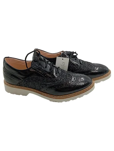 Alesya Damen Schnürschuhe Brogues Lackleder Glitzer Plateau Schwarz Gr. 39