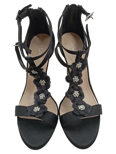 Alesya Damen Sandaletten Schwarz Gr. 39 High Heels Blumen Perlen Elegant