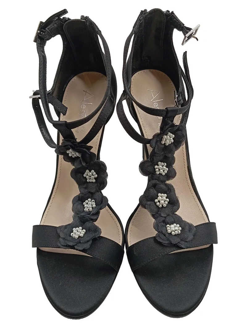 Alesya Damen Sandaletten Schwarz Gr. 39 High Heels Blumen Perlen Elegant 2