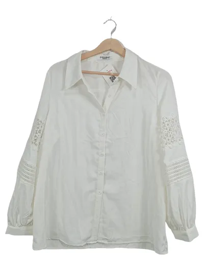 Zabaione Damen Bluse Weiß Gr. 42 XL Spitze Lochmuster Langarm
