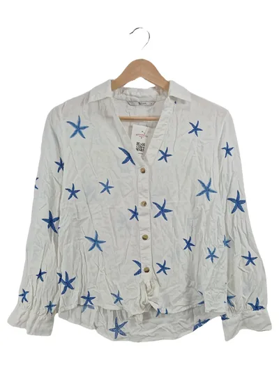 Tu Damen Hemdbluse Gr. 36 S Weiß Maritim Seestern Stickerei Langarm