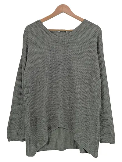 ever.me Damen Pullover Gr. 40 L Grau V-Ausschnitt Strickpullover Asymmetrisch