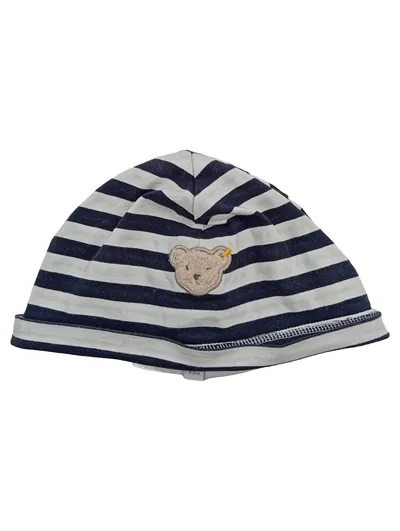 Steiff Mütze Babymütze Gr. 49 9-18M Blau Gestreift Teddy Applikation Baumwolle