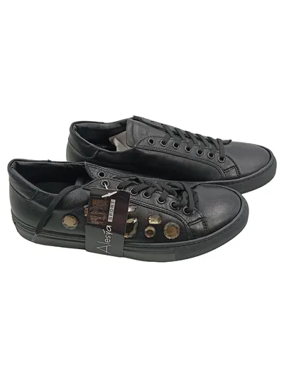 Alesya Damen Sneaker low Leder Schwarz Gr. 40 Strasssteine Schnürung