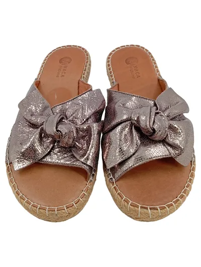 Maca Kitzbühel Pantoletten Damen Gr. 39 Silber Leder Schleife Espadrilles