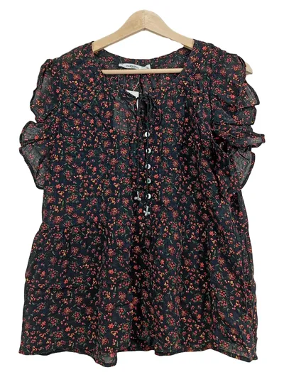Piazza Italia Damen Bluse Gr. 42 XL Schwarz Blumenmuster Kurzarm Rüschen