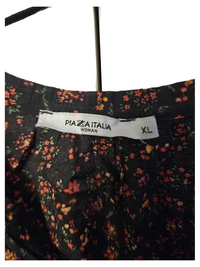 Piazza Italia Damen Bluse Gr. 42 XL Schwarz Blumenmuster Kurzarm Rüschen