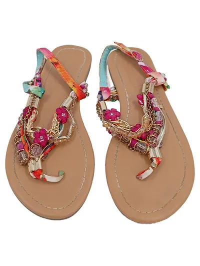 Buffalo Damen Zehentrenner Sandalen Mehrfarbig Bohemian Gr. 37 Blumen Perlen