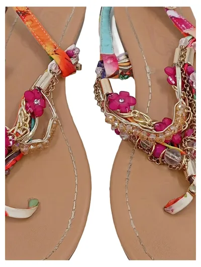 Buffalo Damen Zehentrenner Sandalen Mehrfarbig Bohemian Gr. 37 Blumen Perlen