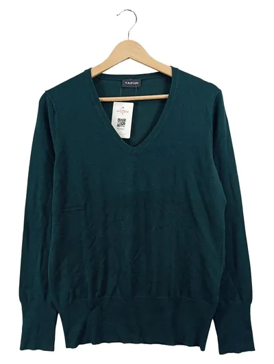 Taifun Damen Pullover Grün Gr. 42 XL V-Ausschnitt Basic Zierknöpfe