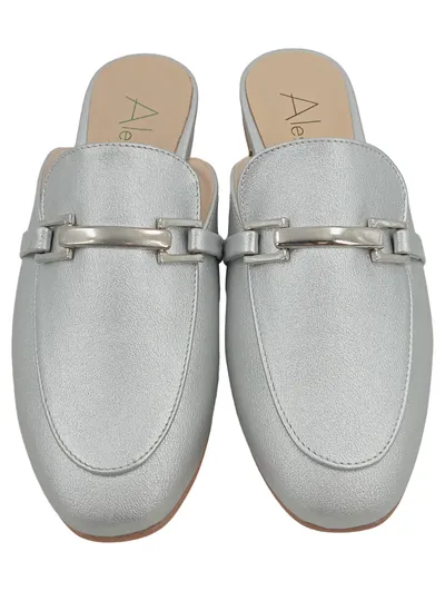 Alesya Damen Pantoletten Mules Silber Gr. 36 Elegant Metallic Schmuckdetail