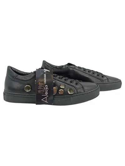 Alesya Damen Sneaker low Leder Schwarz Gr. 37 mit Schmucksteinen