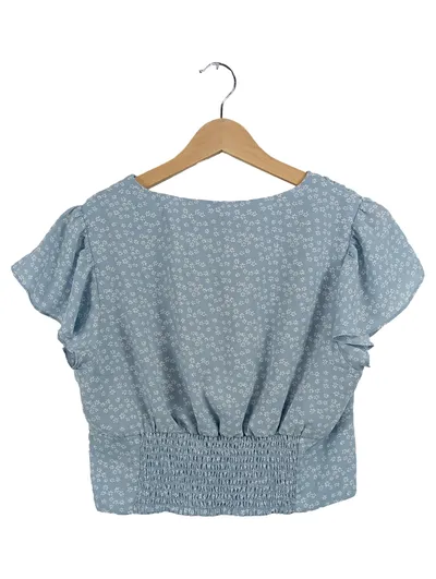 NA-KD Damen Bluse Kurzarm Blau Blumenmuster V-Ausschnitt Gr. 38
