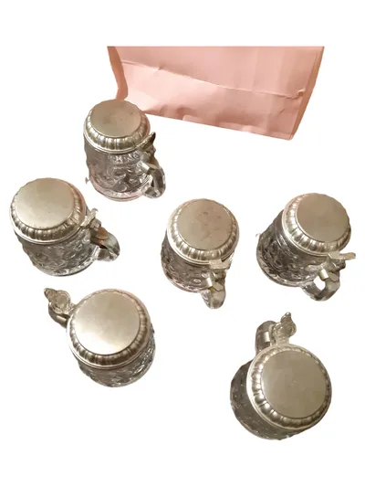 6x BMF Mini Bierkrug Schnapskrug Glas mit Zinndeckel 7cm