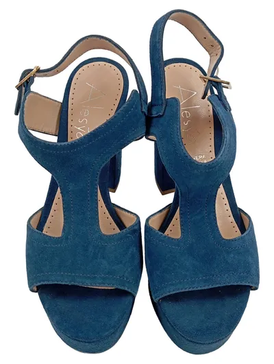 Alesya Damen Plateausandalen Sandaletten Blau Gr. 36 Wildleder Elegant