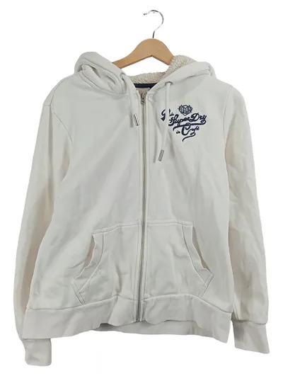 Superdry Damen Sweatjacke Weiß Gr. 44 XXL Kapuze Logo-Print Casual