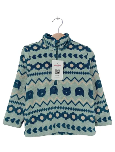 KUNIBOO Kinder Fleecepullover Gr. 98-104 Petrol Katzenmotiv Fleece