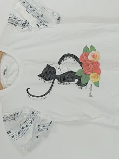 Gaialuna Mädchen T-Shirt Katze Rosen Noten Print Gr. 140 Weiß