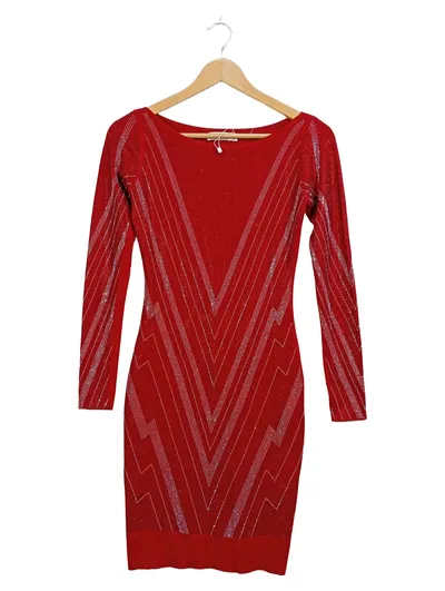 MC LORENE Damen Strickkleid Rot Glitzer V-Muster Schlauchkleid Gr. one size