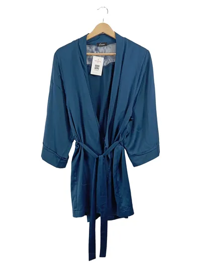 Etam Damen Morgenmantel Kimono Gr. M Petrol Spitze Bindeband