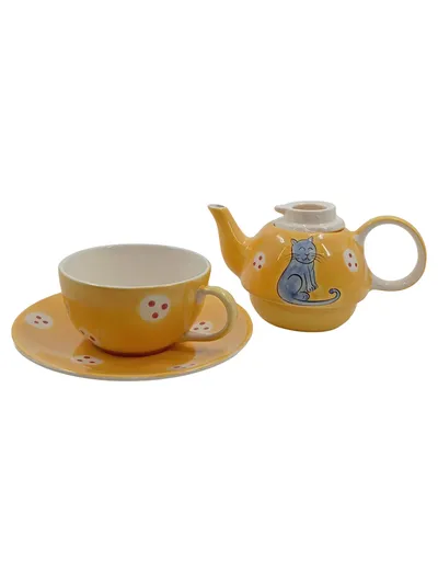 Cha Cult Teekanne mit Katze und Untertasse Teeservice Gelb Keramik