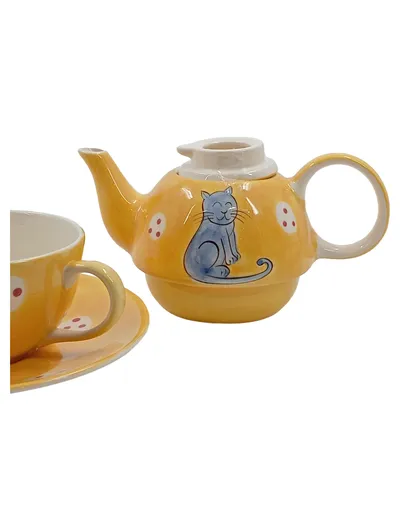 Cha Cult Teekanne mit Katze und Untertasse Teeservice Gelb Keramik
