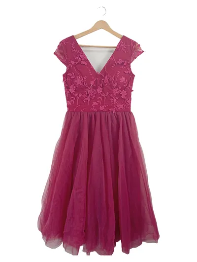 Chi Chi London Festkleid Damen Gr. 38 Pink Tüll Blumen Stickerei