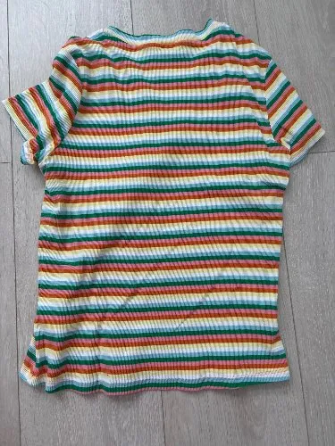 Monki Damen T-Shirt Gestreift Regenbogen Bunt Rippstrick Gr. M