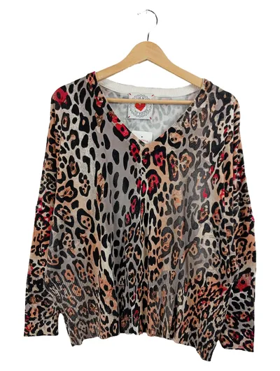 Frogbox Damen Pullover Leo-Muster V-Ausschnitt Gr. L Mehrfarbig Animal-Print