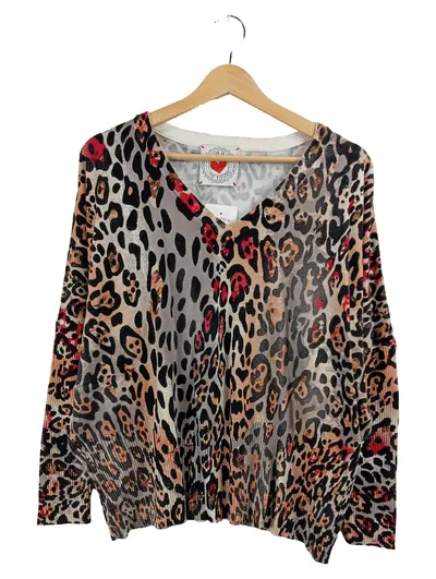 Frogbox Damen Pullover Leo-Muster V-Ausschnitt Gr. L Mehrfarbig Animal-Print