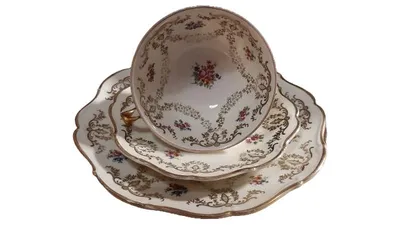 Weimar Porzellan Sammelgedeck 3-teilig Blumendekor Gold Kaffeegedeck