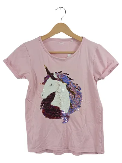 Yigga Kinder T-Shirt Rosa Gr. 158 Einhorn Pailletten Kurzarm Casual