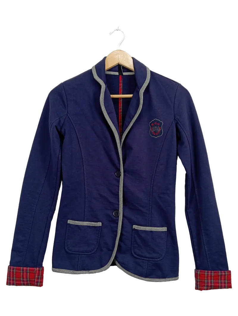 Crazy World Damen Blazer Jacke Blau Gr. 36 S Preppy Sweatblazer Wappen 1