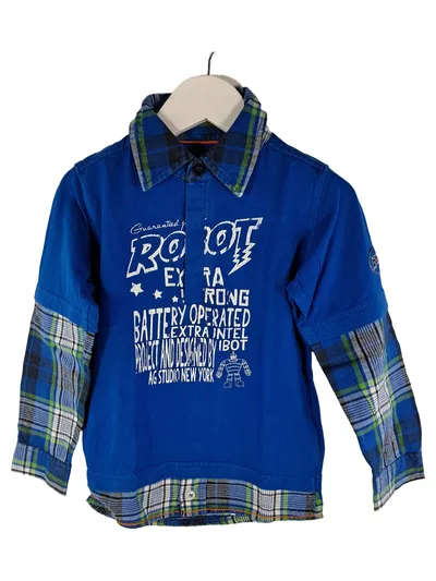 H. Obermeyer Kinder Langarmshirt Gr. 86/92 Blau Roboter Kariert