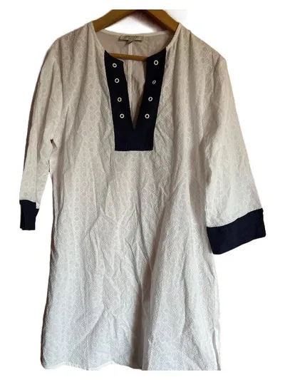 Cortefiel Damen Bluse weiß mit dunkelblauem Kragen Gr. L Maritim