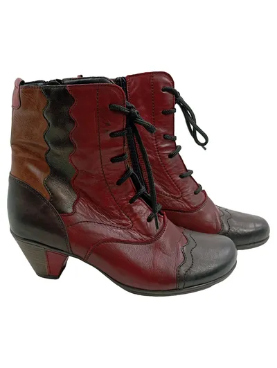 Remonte Damen Stiefelette Leder Schnürer Blockabsatz Gr. 36 Rot Schwarz Retro