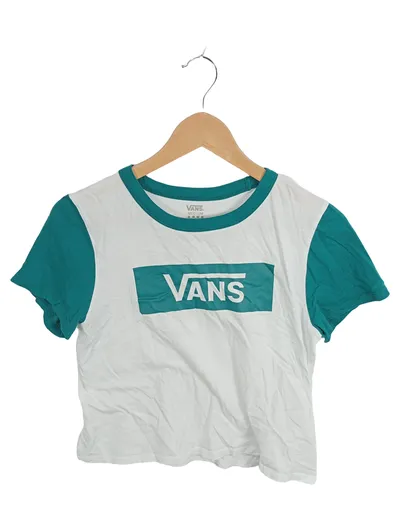 Vans Damen Crop T-Shirt Gr. M Weiß Türkis Logo-Print Streetwear
