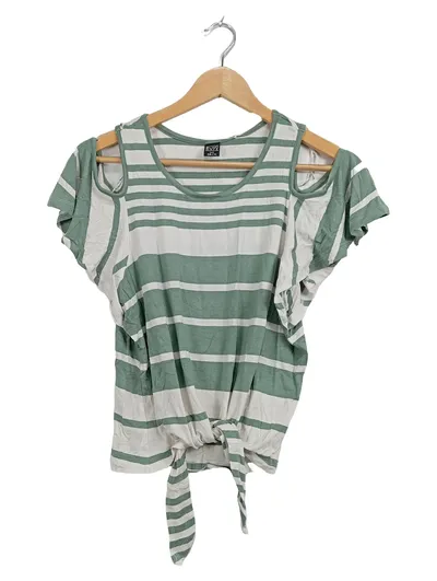 Blind Date Damen T-Shirt Gr. 38/M Gestreift Grün Weiß Cut-Out Schultern
