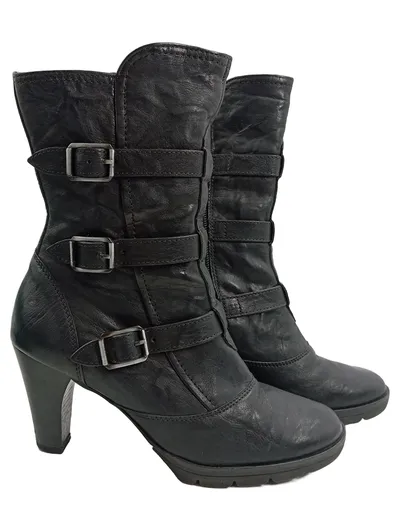 Paul Green Damen Stiefelette Schnallen Schwarz Leder Gr. 36 Absatz 8cm