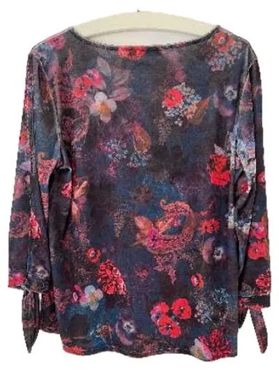 Betty Barclay Damen Langarmshirt Gr. 40 Blumenmuster Blau Samt Schleife