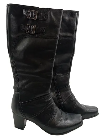 Janet D. Damen Leder Stiefel Schwarz Gr. 37 Absatz Schnallen Reißverschluss