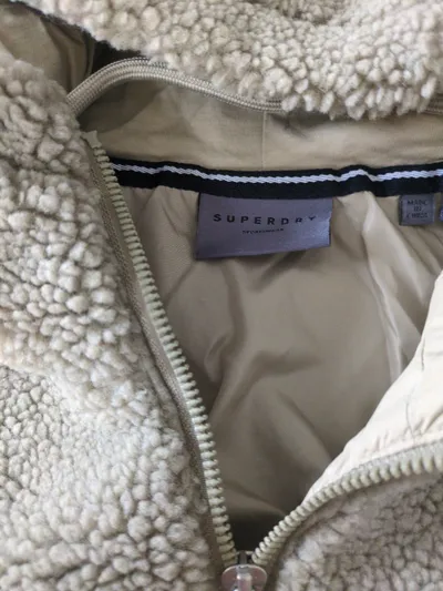 Superdry Damen Fleecejacke Teddyjacke Kapuze Beige Gr. 44 XXL