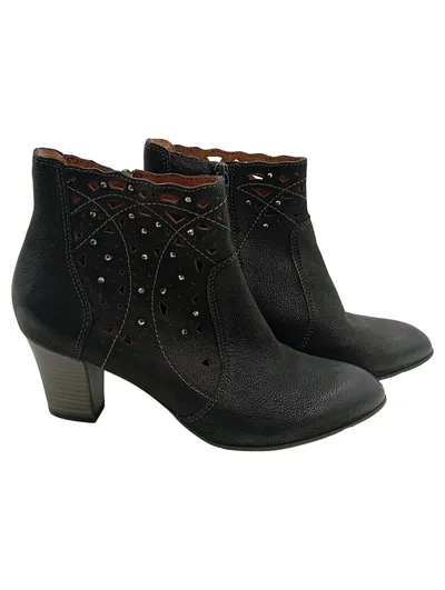 Tamaris Damen Stiefeletten Gr. 39 Schwarz Leder Lochmuster Strass Absatz