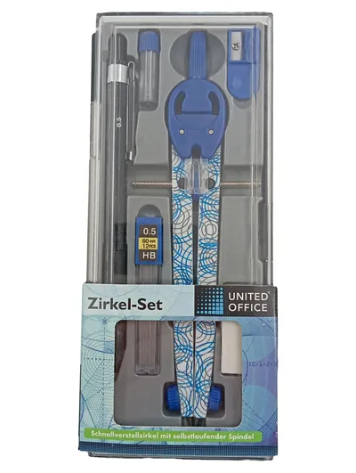 UNITED OFFICE Zirkel-Set Schnellverstellzirkel selbstlaufende Spindel Blau
