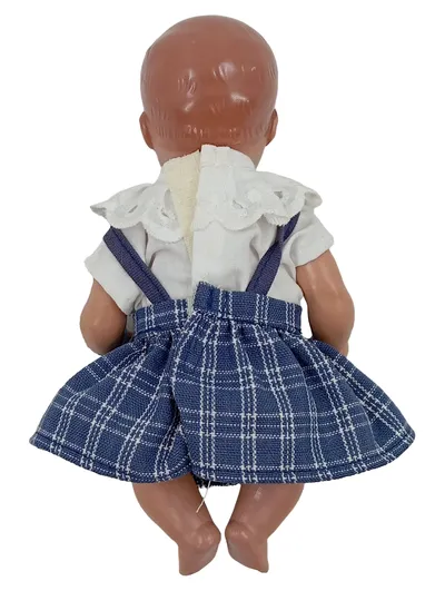 Schildkröt Künstlerpuppe Baby blau kariertes Kleid 16cm Nostalgisch
