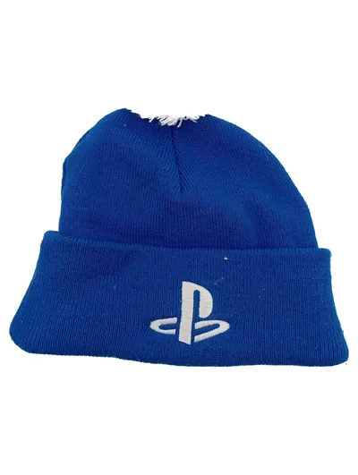 PlayStation Mütze Beanie Blau mit Bommel Strickmütze Gaming